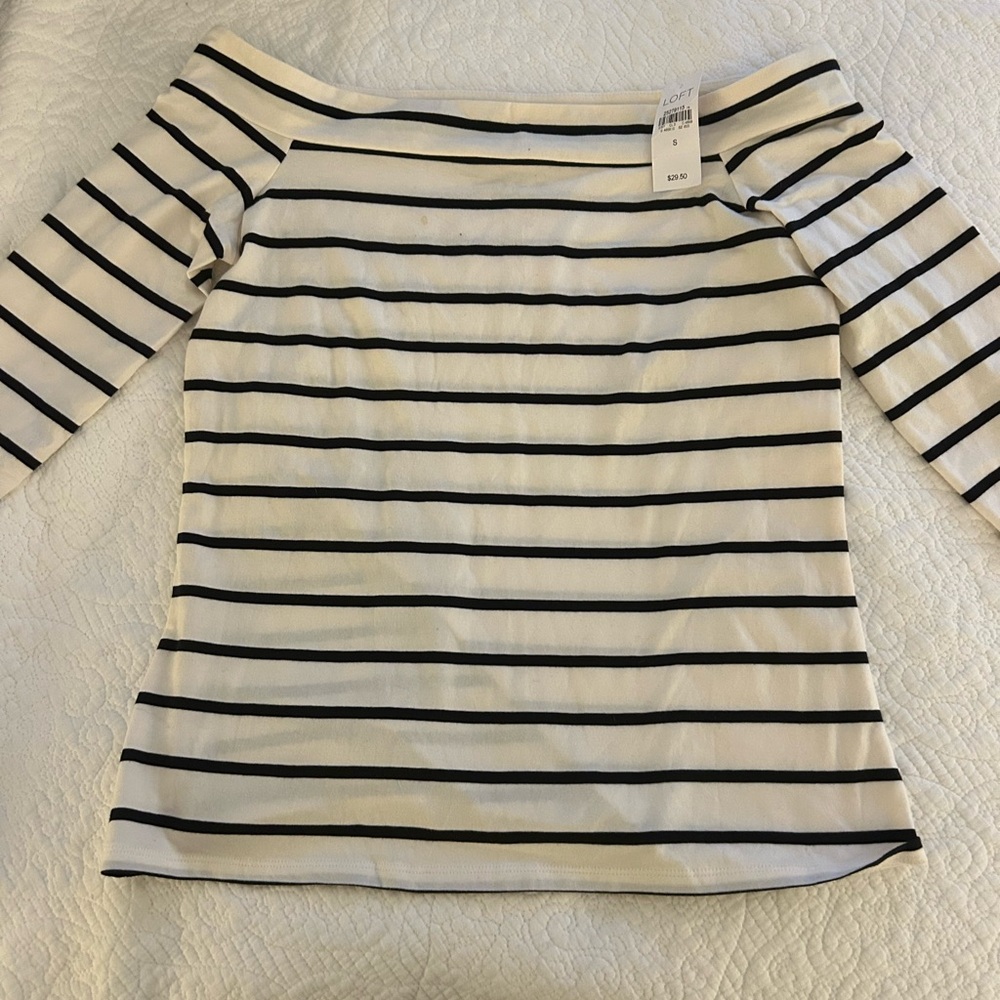LOFT Black and White Striped Off-Shoulder Top
